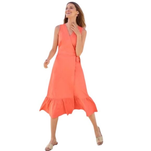 Talbots Dresses & Skirts - Talbots bright orange V-neck poplin wrap midi dress size S